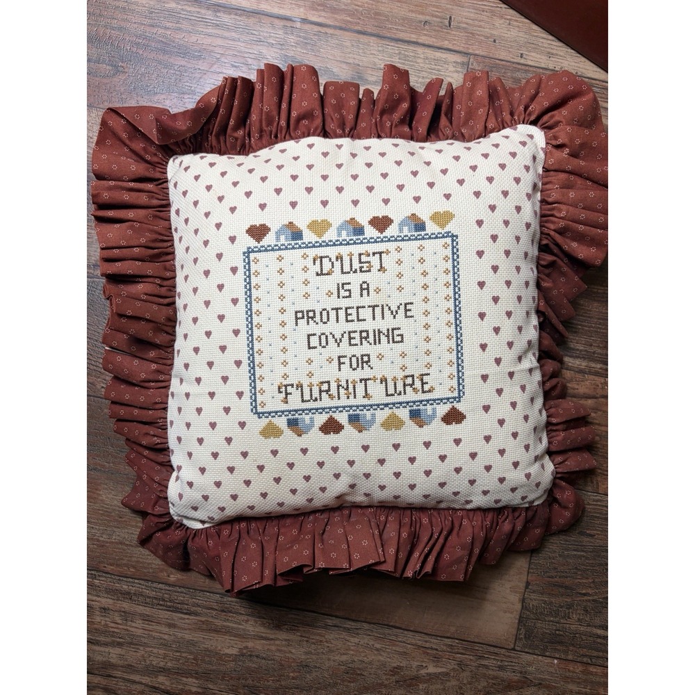 Vintage Needlepoint Throw Pillow Ruffle Floral Grandma Cottage Core